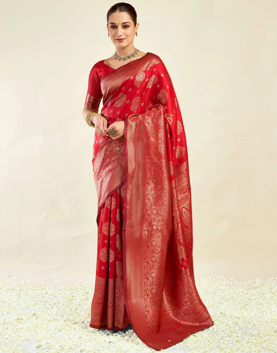 Red Jacquard Saree for Women with Golden Zari Weaving | Premium Wedding, Festive & Traditional Wear Saree with Unstitched Blouse Piece