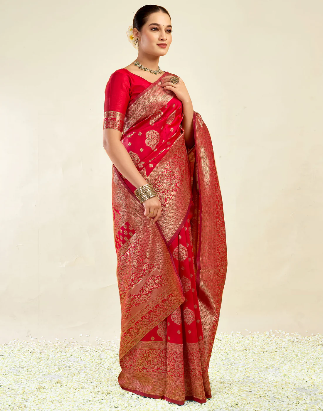 Red Jacquard Saree for Women with Golden Zari Weaving | Premium Wedding, Festive & Traditional Wear Saree with Unstitched Blouse Piece