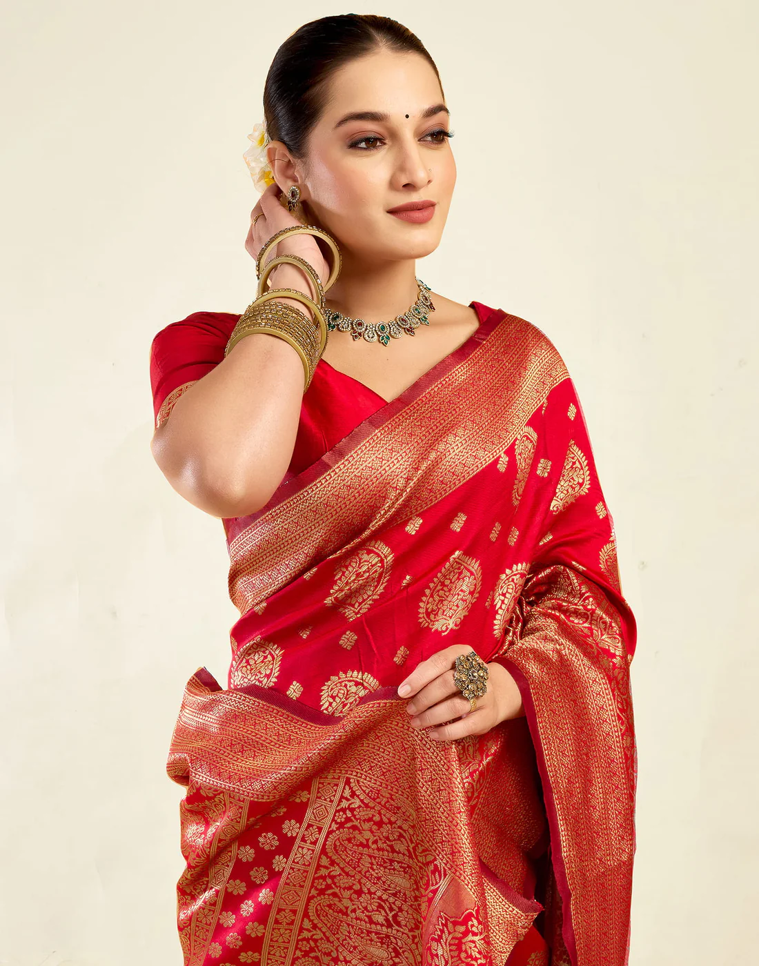 Red Jacquard Saree for Women with Golden Zari Weaving | Premium Wedding, Festive & Traditional Wear Saree with Unstitched Blouse Piece