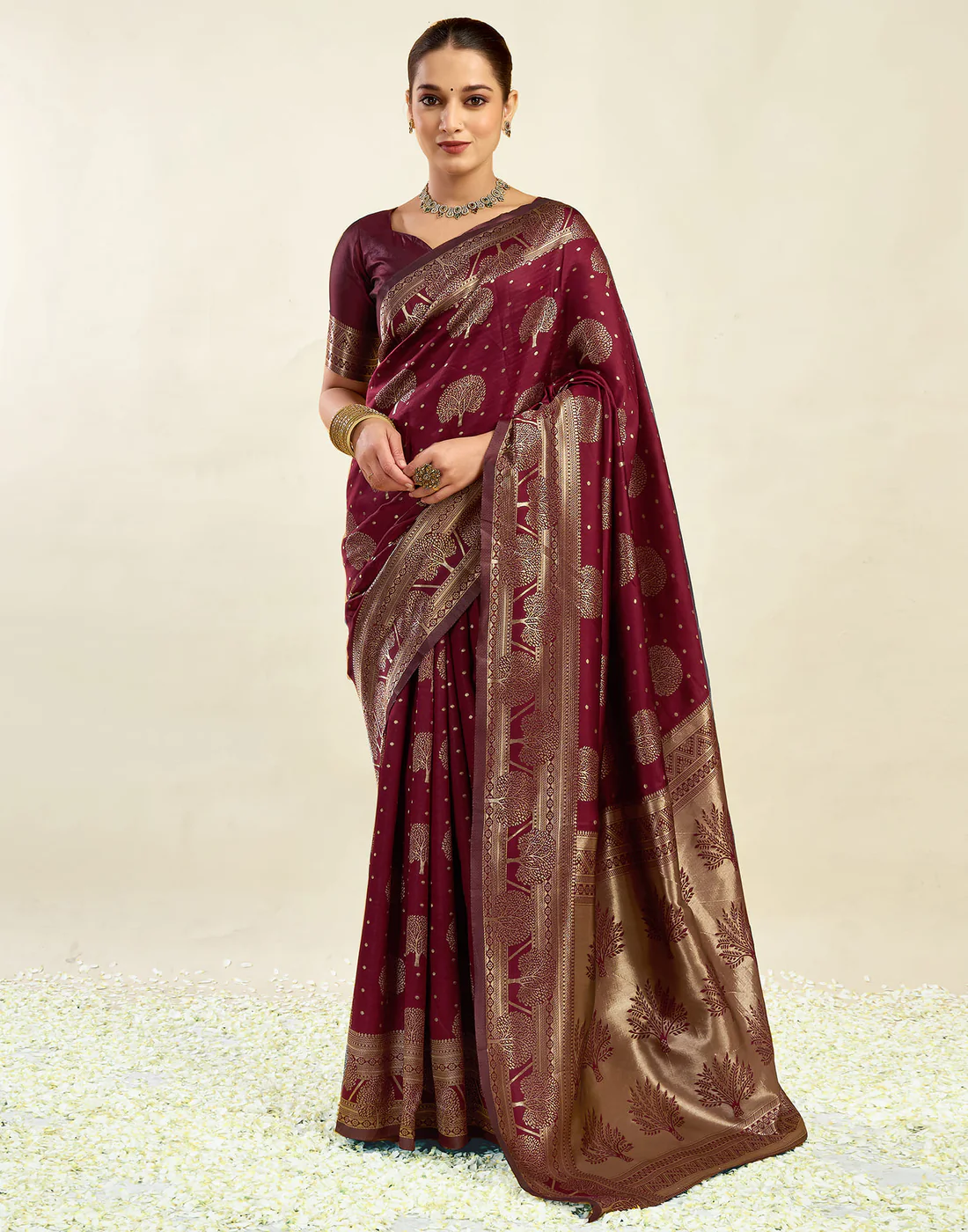 Maroon Jacquard Saree for Women with Golden Zari Weaving | Premium Festive, Wedding & Party Wear Saree with Unstitched Blouse Piece