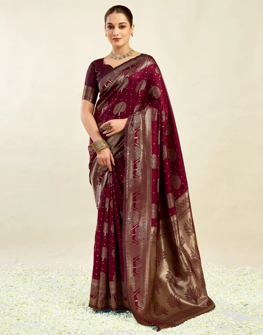 Maroon Jacquard Saree for Women with Golden Zari Weaving | Premium Festive, Wedding & Party Wear Saree with Unstitched Blouse Piece