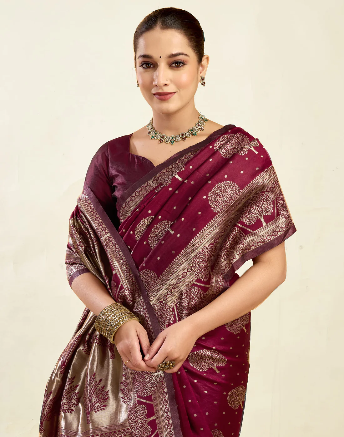 Maroon Jacquard Saree for Women with Golden Zari Weaving | Premium Festive, Wedding & Party Wear Saree with Unstitched Blouse Piece