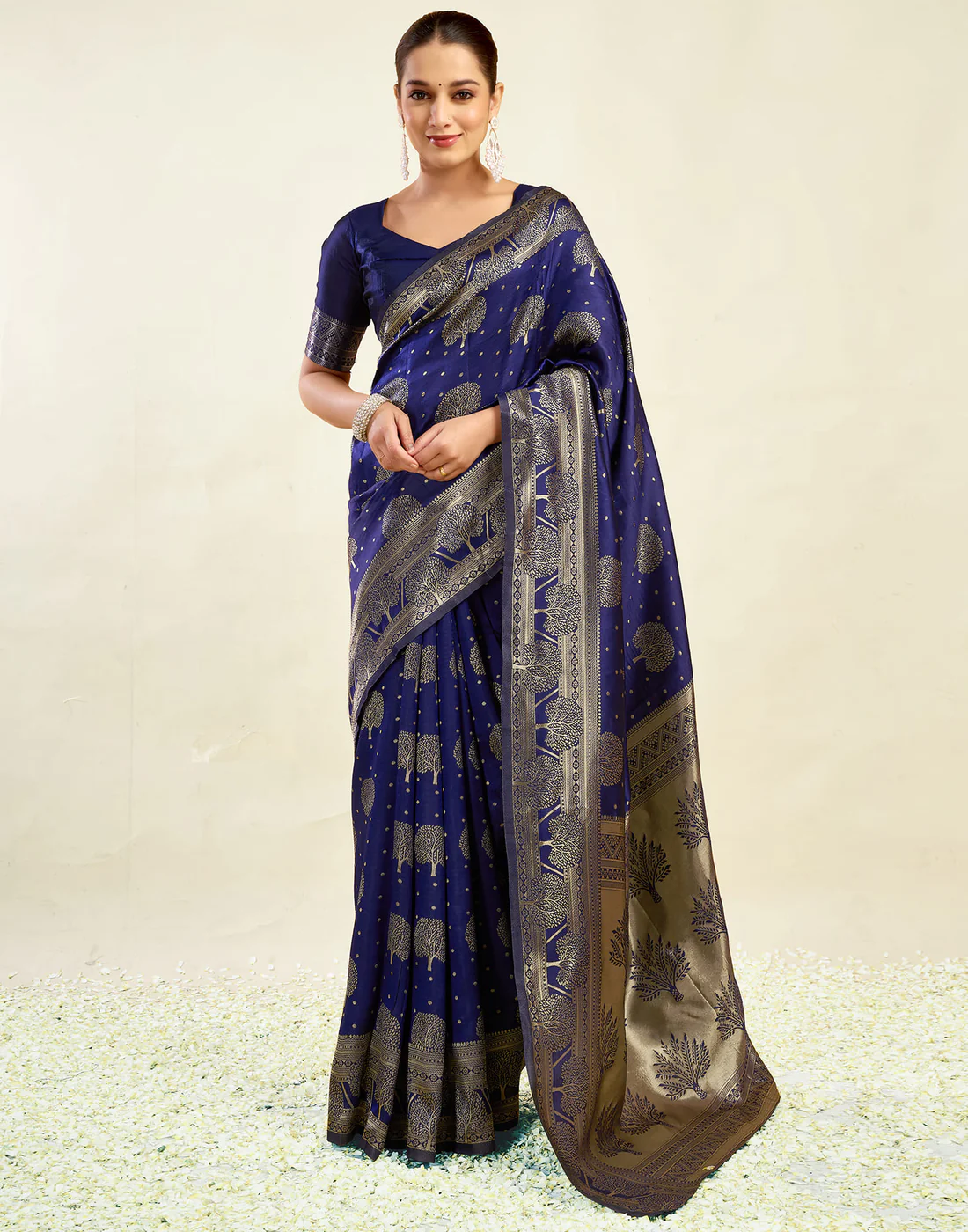 Navy Blue Jacquard Saree for Women with Golden Zari Weaving | Premium Festive, Wedding & Party Wear Saree with Unstitched Blouse Piece