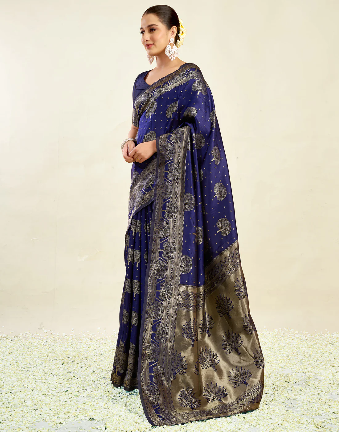 Navy Blue Jacquard Saree for Women with Golden Zari Weaving | Premium Festive, Wedding & Party Wear Saree with Unstitched Blouse Piece