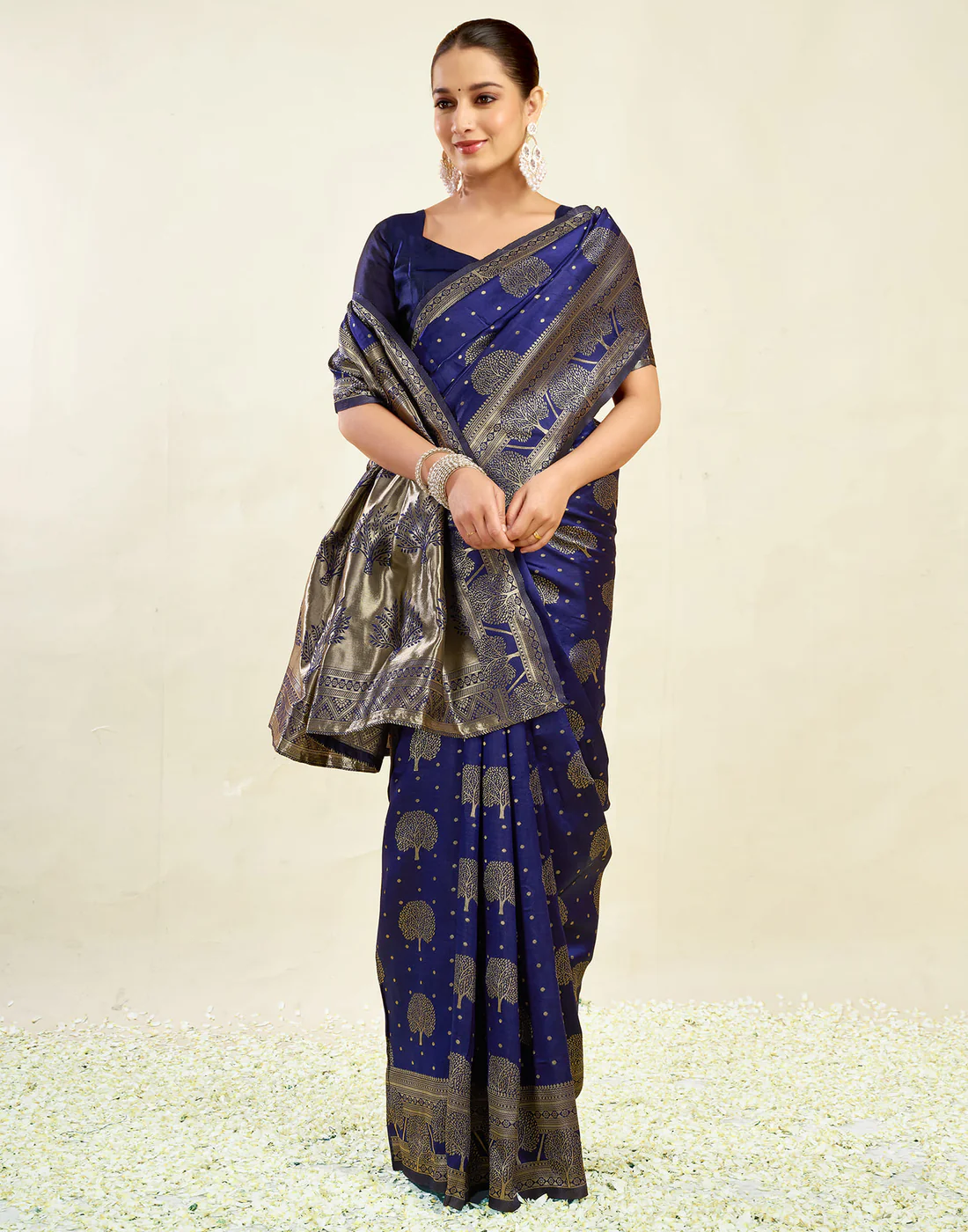 Navy Blue Jacquard Saree for Women with Golden Zari Weaving | Premium Festive, Wedding & Party Wear Saree with Unstitched Blouse Piece
