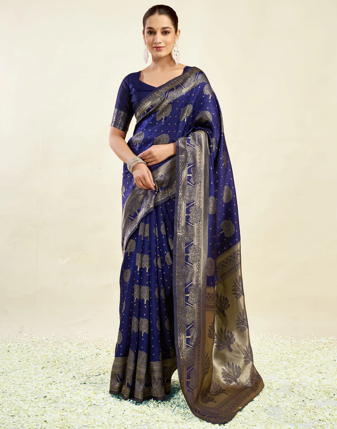 Navy Blue Jacquard Saree for Women with Golden Zari Weaving | Premium Festive, Wedding & Party Wear Saree with Unstitched Blouse Piece