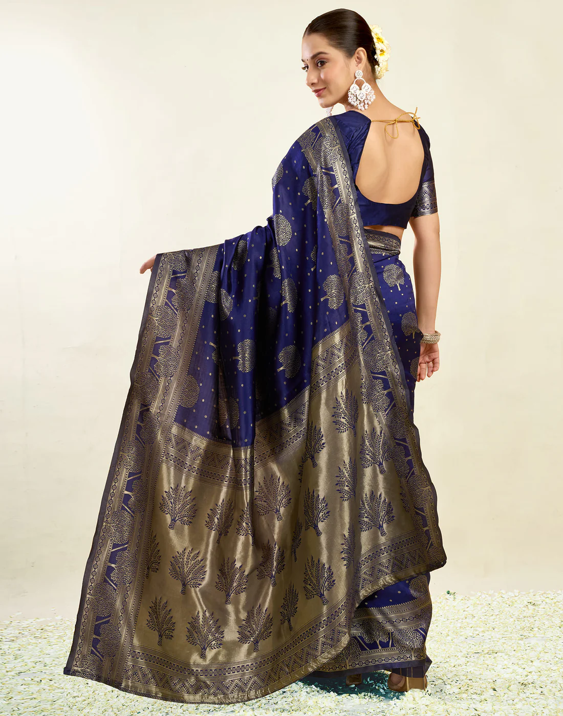 Navy Blue Jacquard Saree for Women with Golden Zari Weaving | Premium Festive, Wedding & Party Wear Saree with Unstitched Blouse Piece