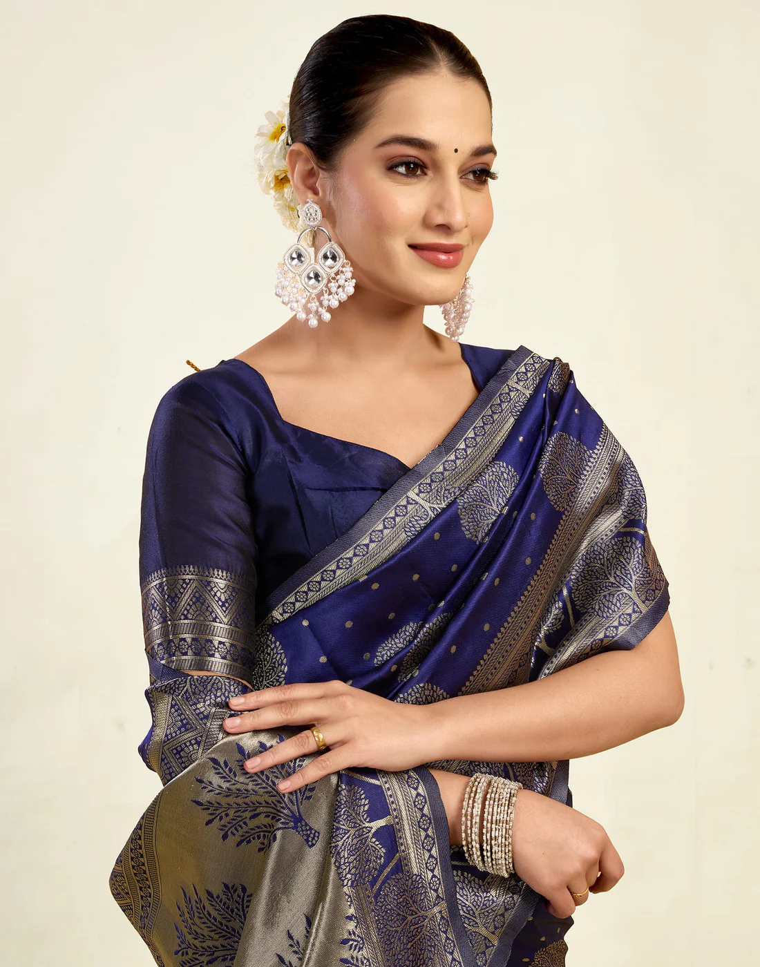 Navy Blue Jacquard Saree for Women with Golden Zari Weaving | Premium Festive, Wedding & Party Wear Saree with Unstitched Blouse Piece