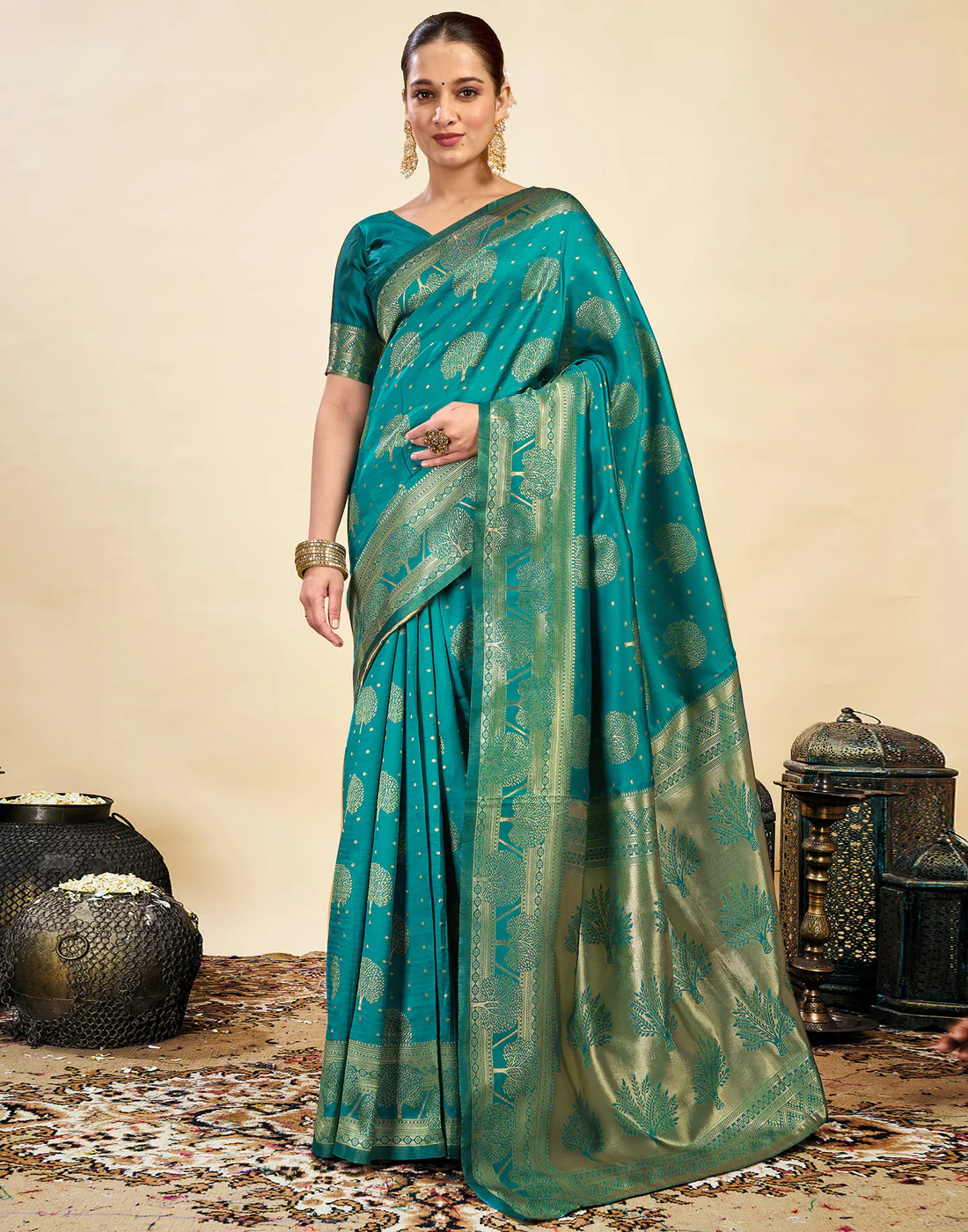 Teal Green Jacquard Saree for Women with Golden Zari Weaving | Premium Festive, Wedding & Party Wear Saree with Unstitched Blouse Piece
