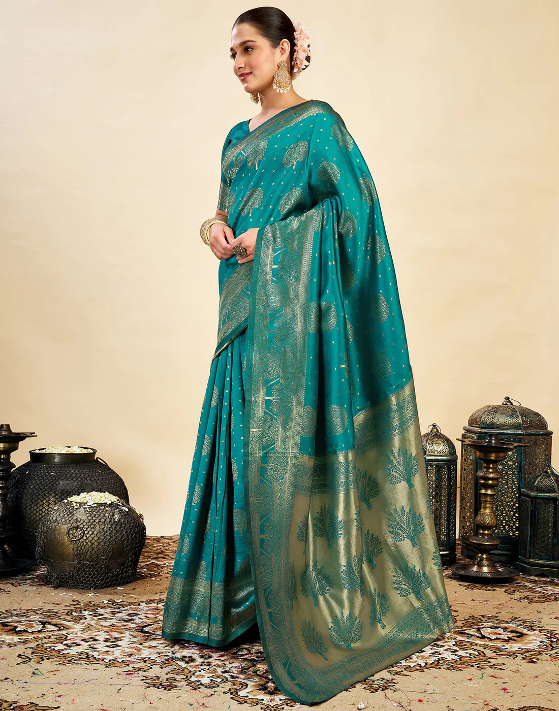 Teal Green Jacquard Saree for Women with Golden Zari Weaving | Premium Festive, Wedding & Party Wear Saree with Unstitched Blouse Piece