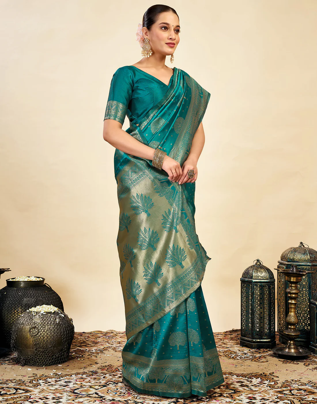 Teal Green Jacquard Saree for Women with Golden Zari Weaving | Premium Festive, Wedding & Party Wear Saree with Unstitched Blouse Piece
