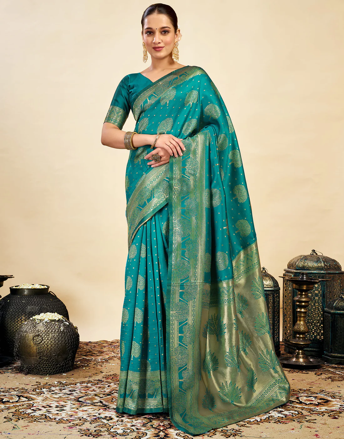 Teal Green Jacquard Saree for Women with Golden Zari Weaving | Premium Festive, Wedding & Party Wear Saree with Unstitched Blouse Piece