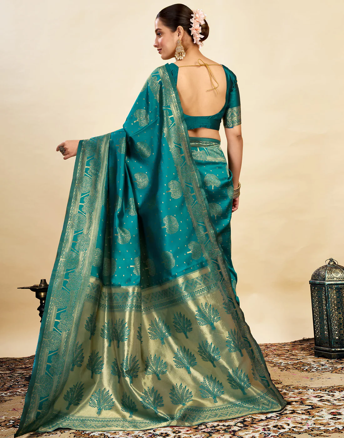 Teal Green Jacquard Saree for Women with Golden Zari Weaving | Premium Festive, Wedding & Party Wear Saree with Unstitched Blouse Piece