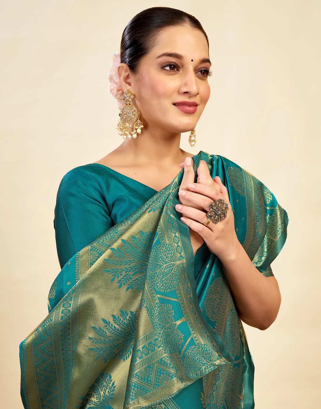 Teal Green Jacquard Saree for Women with Golden Zari Weaving | Premium Festive, Wedding & Party Wear Saree with Unstitched Blouse Piece