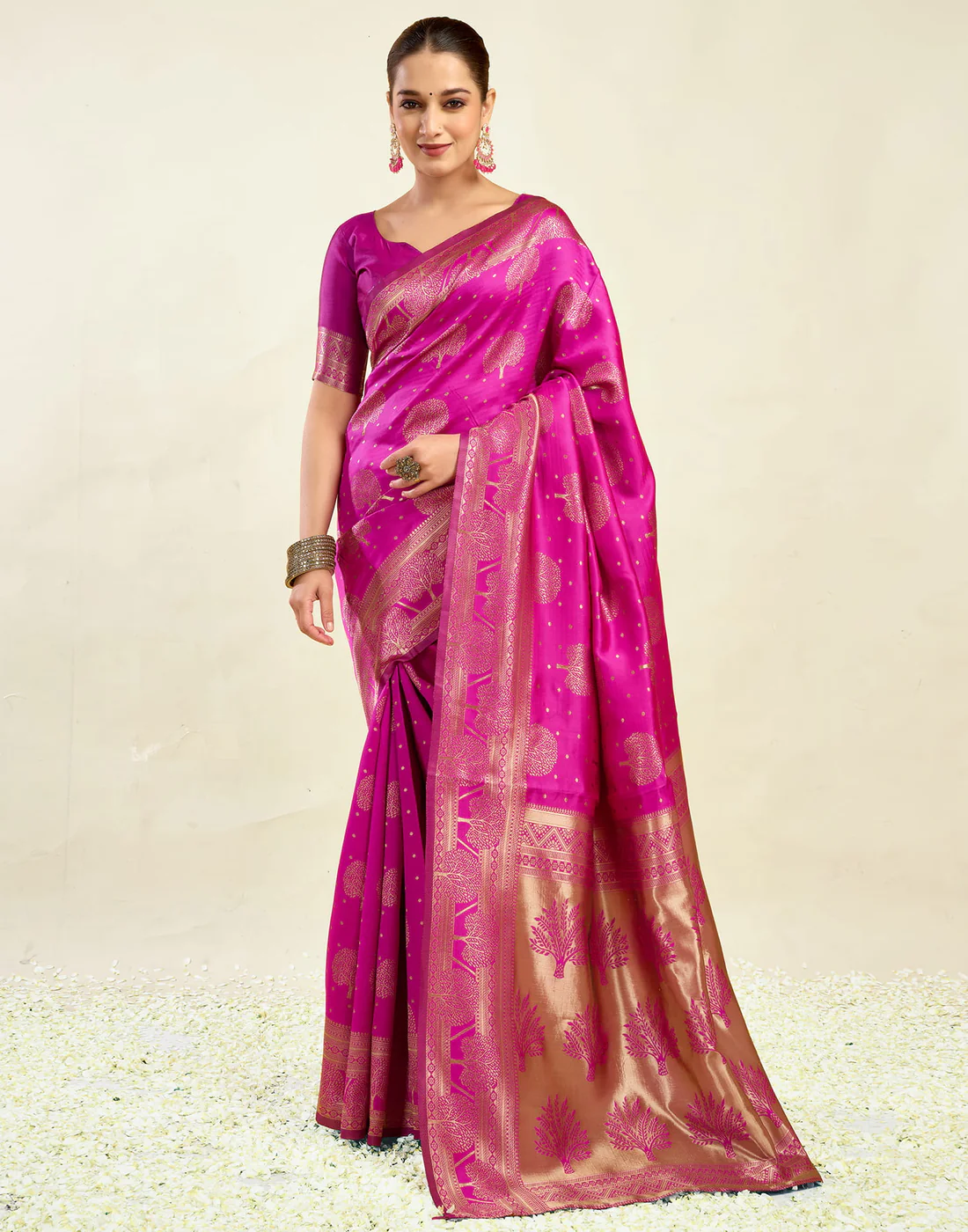 Rani Pink Jacquard Saree for Women with Golden Zari Weaving | Premium Festive, Wedding & Party Wear Saree with Unstitched Blouse Piece