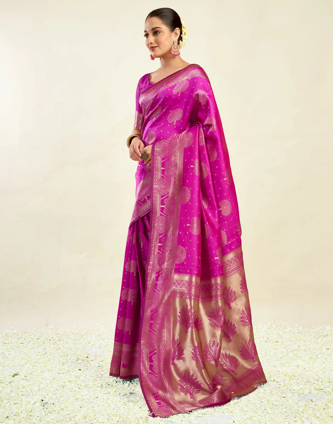 Rani Pink Jacquard Saree for Women with Golden Zari Weaving | Premium Festive, Wedding & Party Wear Saree with Unstitched Blouse Piece