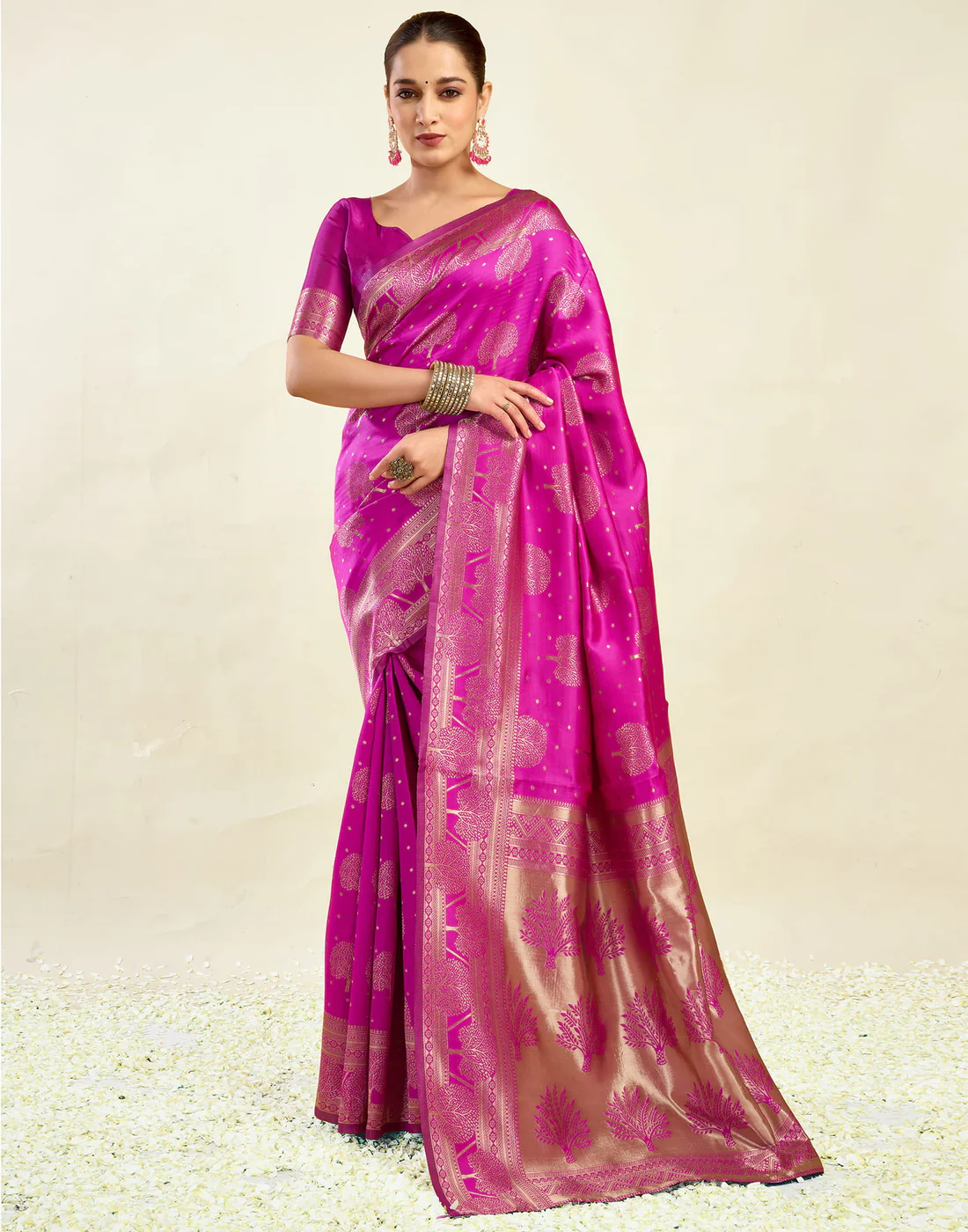 Rani Pink Jacquard Saree for Women with Golden Zari Weaving | Premium Festive, Wedding & Party Wear Saree with Unstitched Blouse Piece