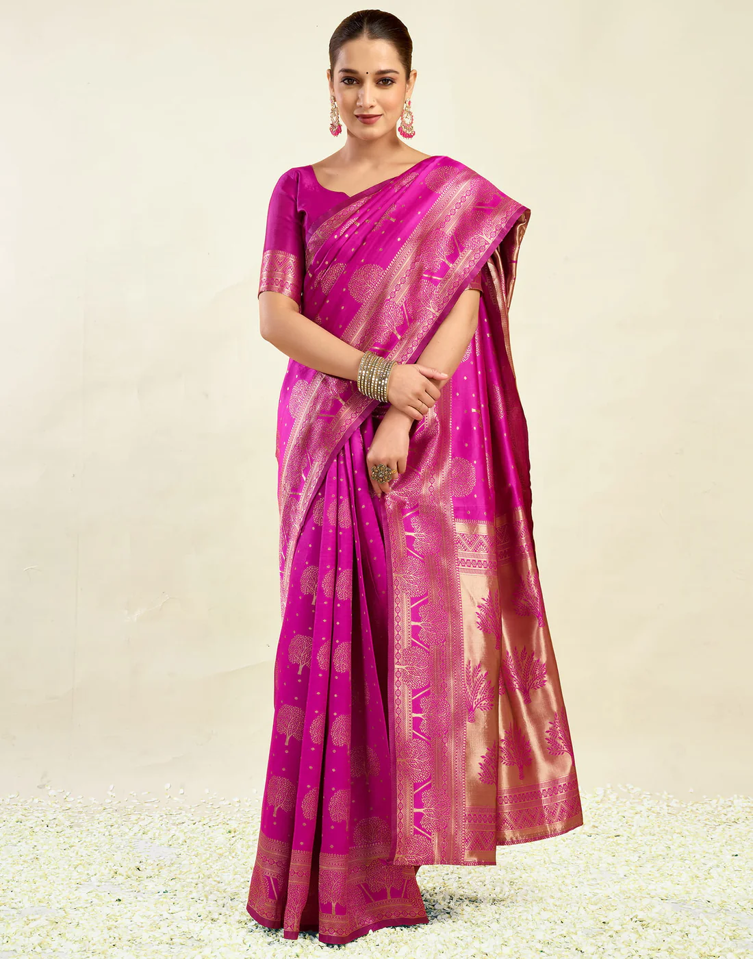 Rani Pink Jacquard Saree for Women with Golden Zari Weaving | Premium Festive, Wedding & Party Wear Saree with Unstitched Blouse Piece