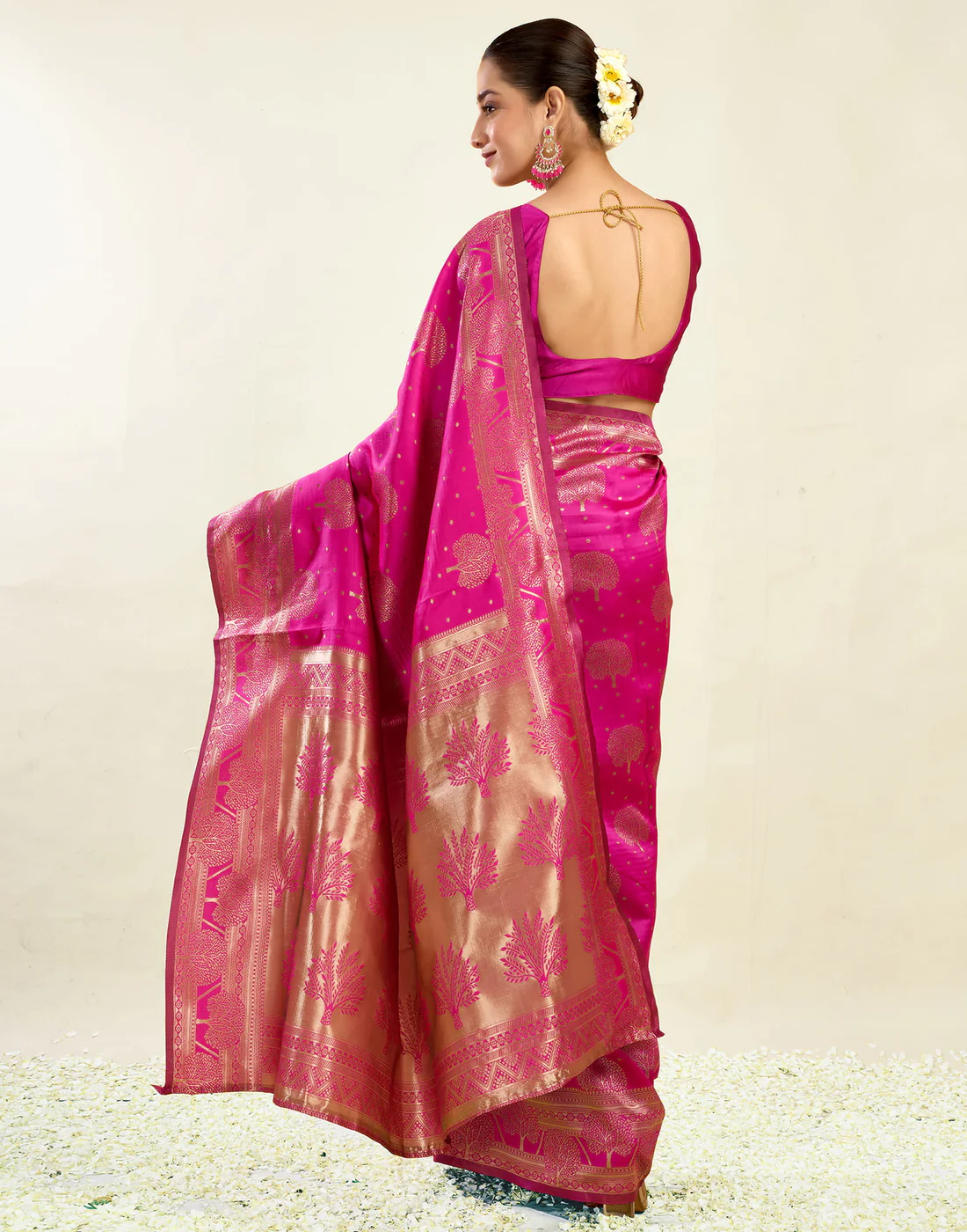 Rani Pink Jacquard Saree for Women with Golden Zari Weaving | Premium Festive, Wedding & Party Wear Saree with Unstitched Blouse Piece
