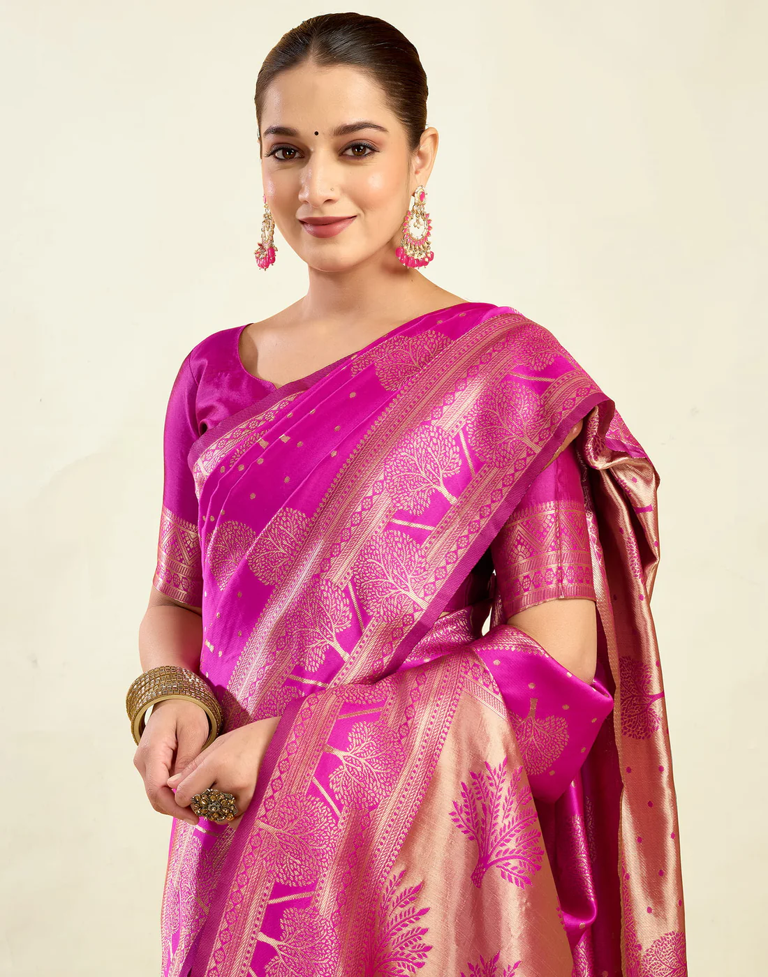 Rani Pink Jacquard Saree for Women with Golden Zari Weaving | Premium Festive, Wedding & Party Wear Saree with Unstitched Blouse Piece