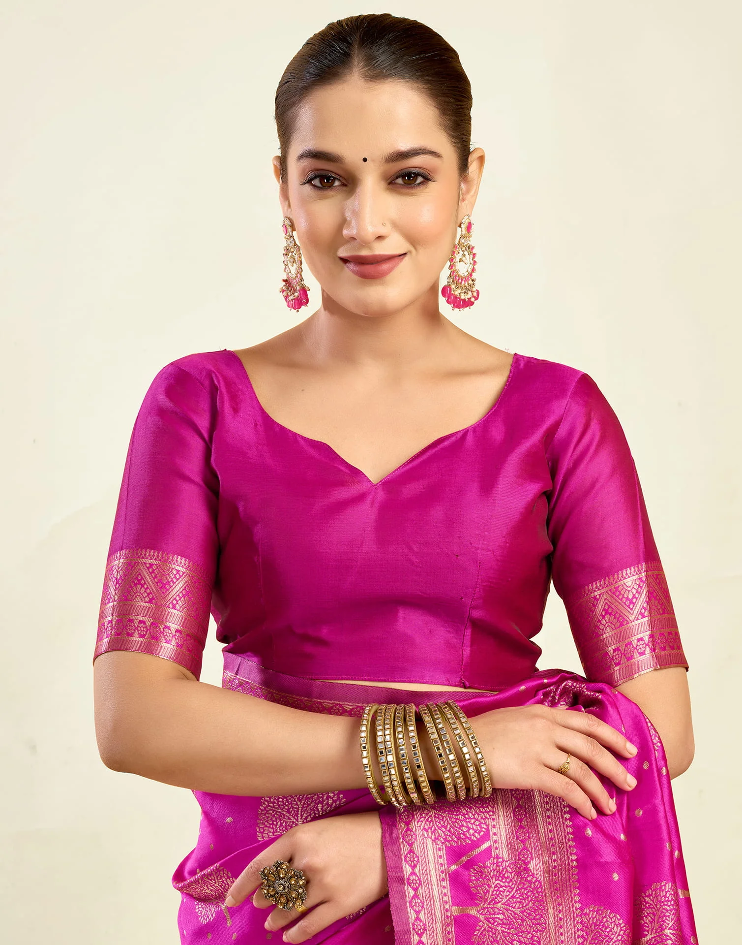 Rani Pink Jacquard Saree for Women with Golden Zari Weaving | Premium Festive, Wedding & Party Wear Saree with Unstitched Blouse Piece