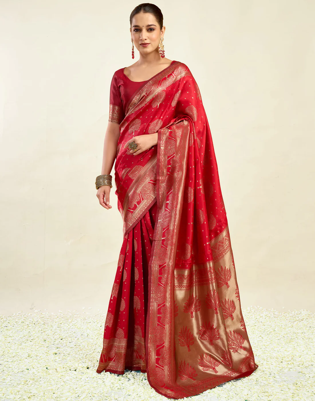 Red Jacquard Saree for Women with Golden Zari Weaving | Premium Festive, Wedding & Party Wear Saree with Unstitched Blouse Piece