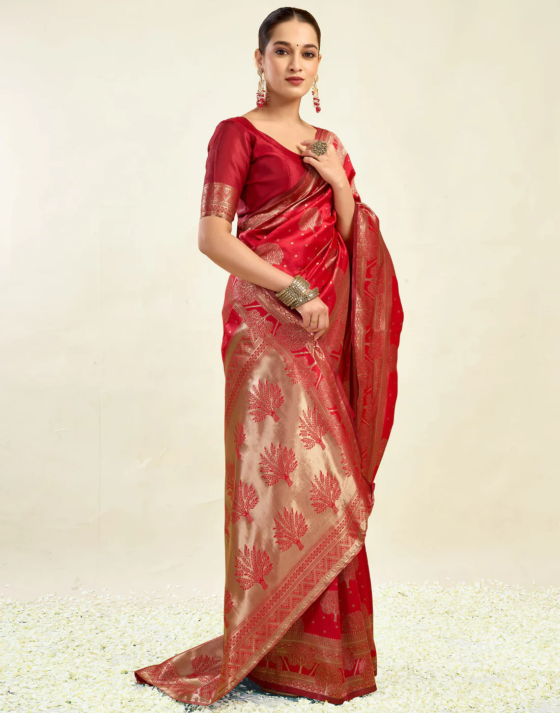 Red Jacquard Saree for Women with Golden Zari Weaving | Premium Festive, Wedding & Party Wear Saree with Unstitched Blouse Piece