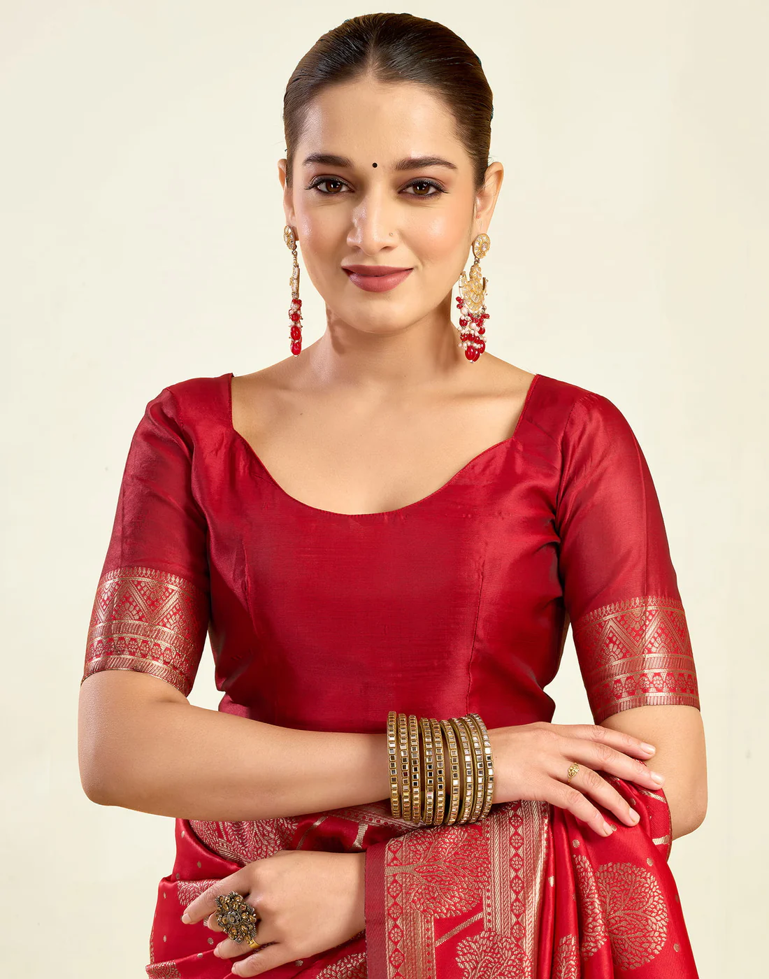 Red Jacquard Saree for Women with Golden Zari Weaving | Premium Festive, Wedding & Party Wear Saree with Unstitched Blouse Piece