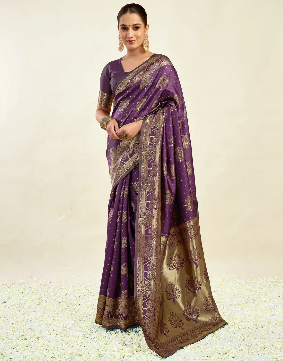 Wine Jacquard Saree for Women with Golden Zari Weaving | Premium Festive, Wedding & Party Wear Saree with Unstitched Blouse Piece