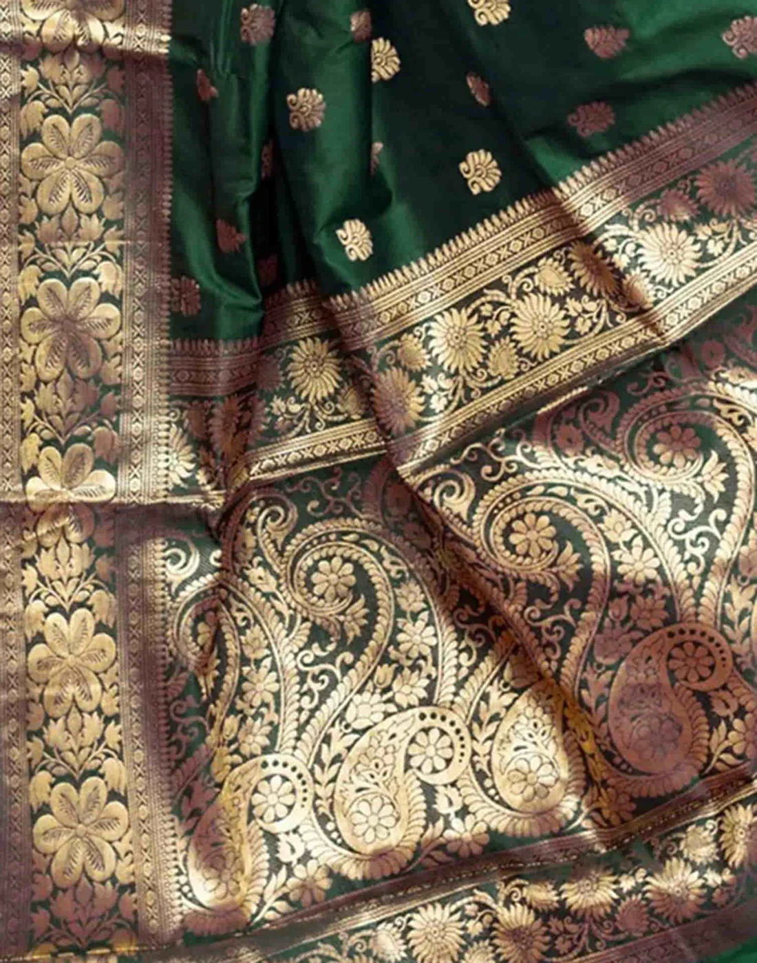Bottle Green Jacquard Silk Saree for Women with Heavy Golden Zari Weaving | Premium Wedding, Festive & Traditional Wear Saree with Unstitched Blouse Piece