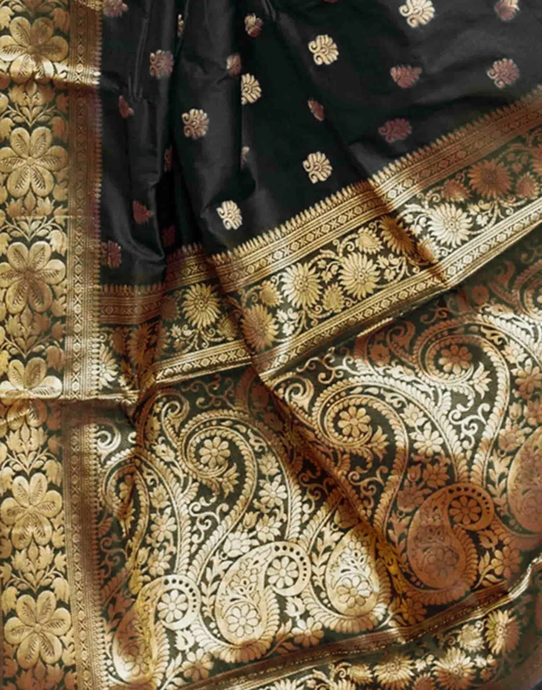 Black Jacquard Silk Saree for Women with Heavy Golden Zari Weaving | Premium Wedding, Festive & Traditional Wear Saree with Unstitched Blouse Piece