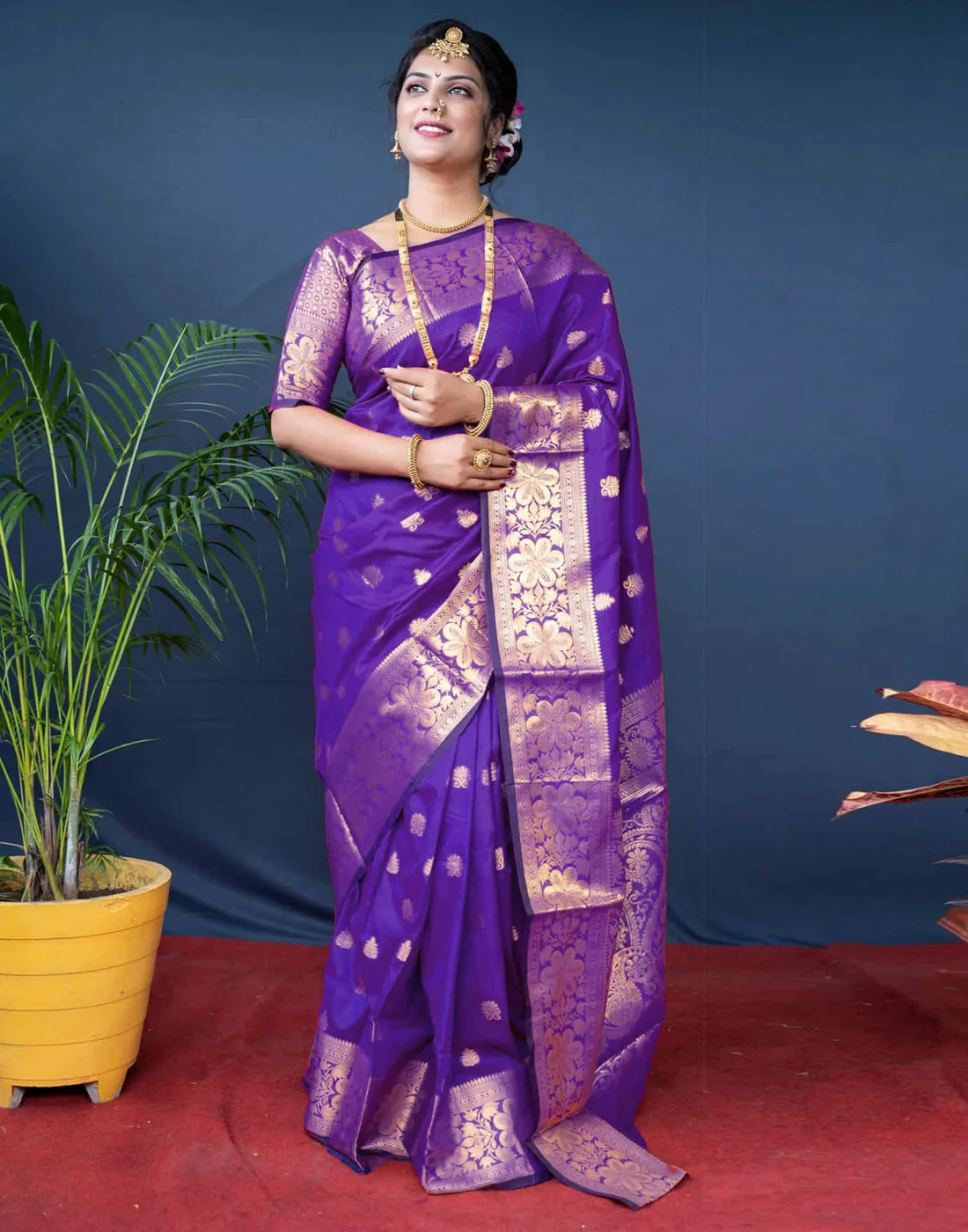 Violet Jacquard Silk Saree for Women with Golden Zari Weaving | Premium Wedding, Festive & Traditional Wear Saree with Unstitched Blouse Piece