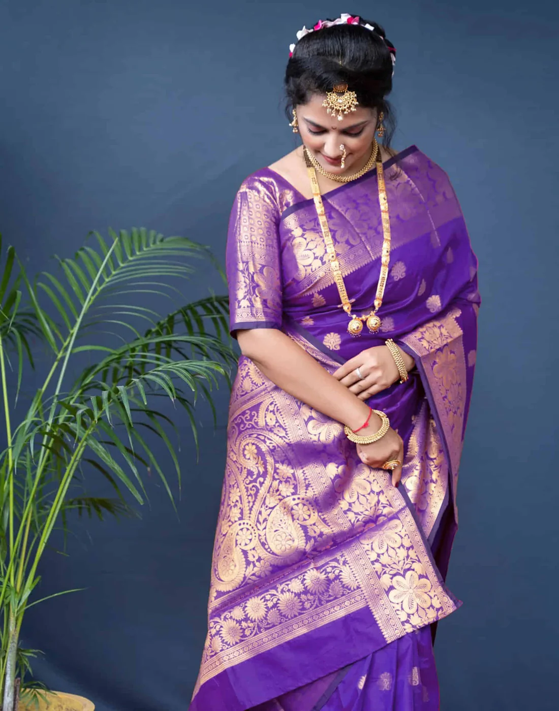 Violet Jacquard Silk Saree for Women with Golden Zari Weaving | Premium Wedding, Festive & Traditional Wear Saree with Unstitched Blouse Piece
