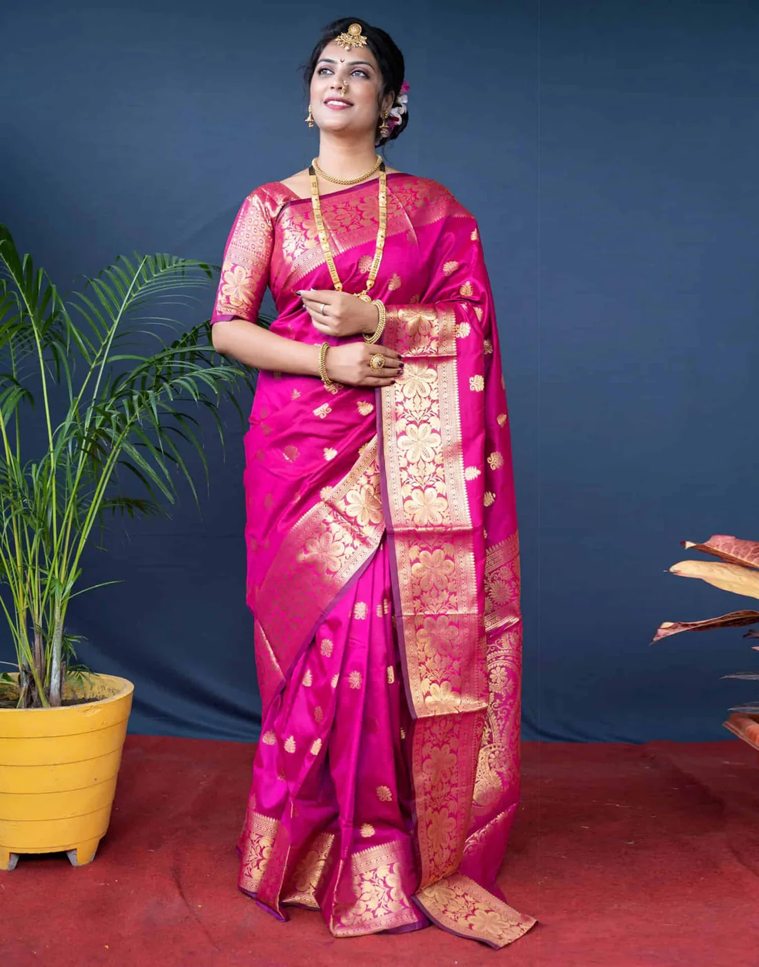 Rani Pink Jacquard Silk Saree for Women with Golden Zari Weaving | Premium Wedding, Festive & Traditional Wear Saree with Unstitched Blouse Piece