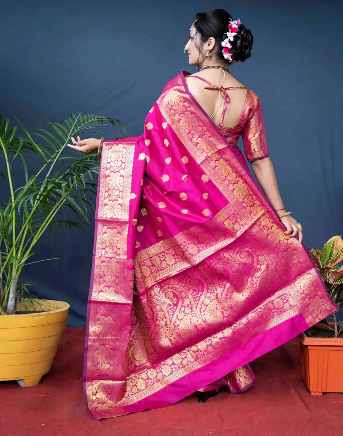 Rani Pink Jacquard Silk Saree for Women with Golden Zari Weaving | Premium Wedding, Festive & Traditional Wear Saree with Unstitched Blouse Piece