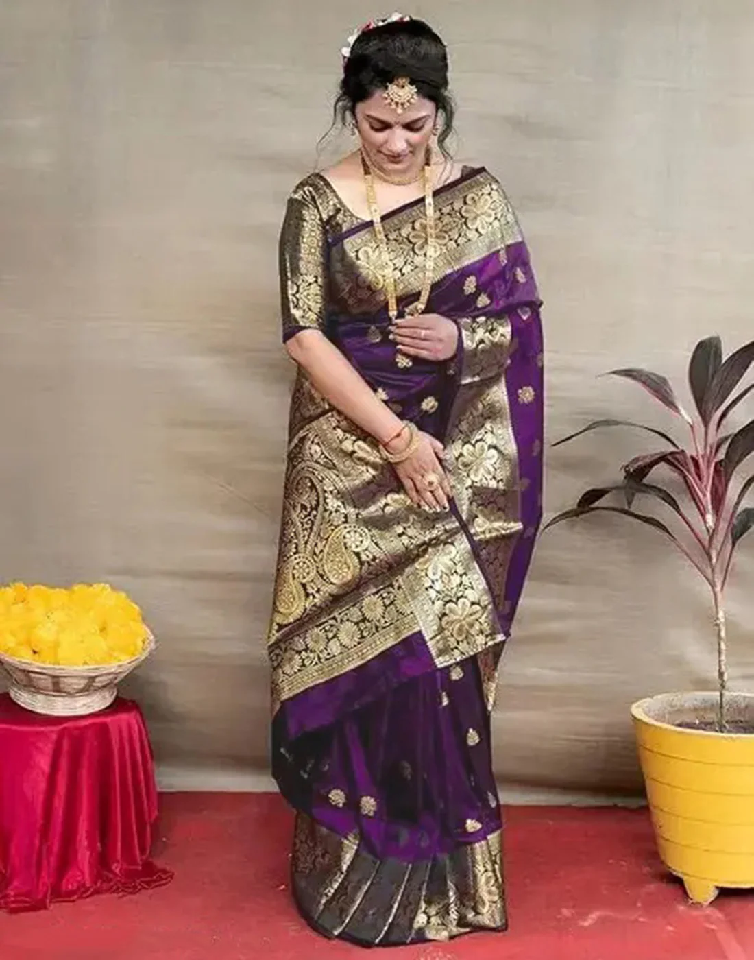 Wine Jacquard Silk Saree for Women with Golden Zari Weaving | Premium Wedding, Festive & Traditional Wear Saree with Unstitched Blouse Piece