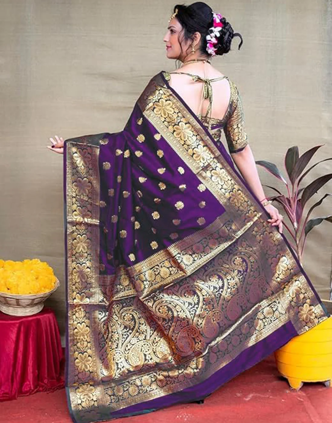 Wine Jacquard Silk Saree for Women with Golden Zari Weaving | Premium Wedding, Festive & Traditional Wear Saree with Unstitched Blouse Piece