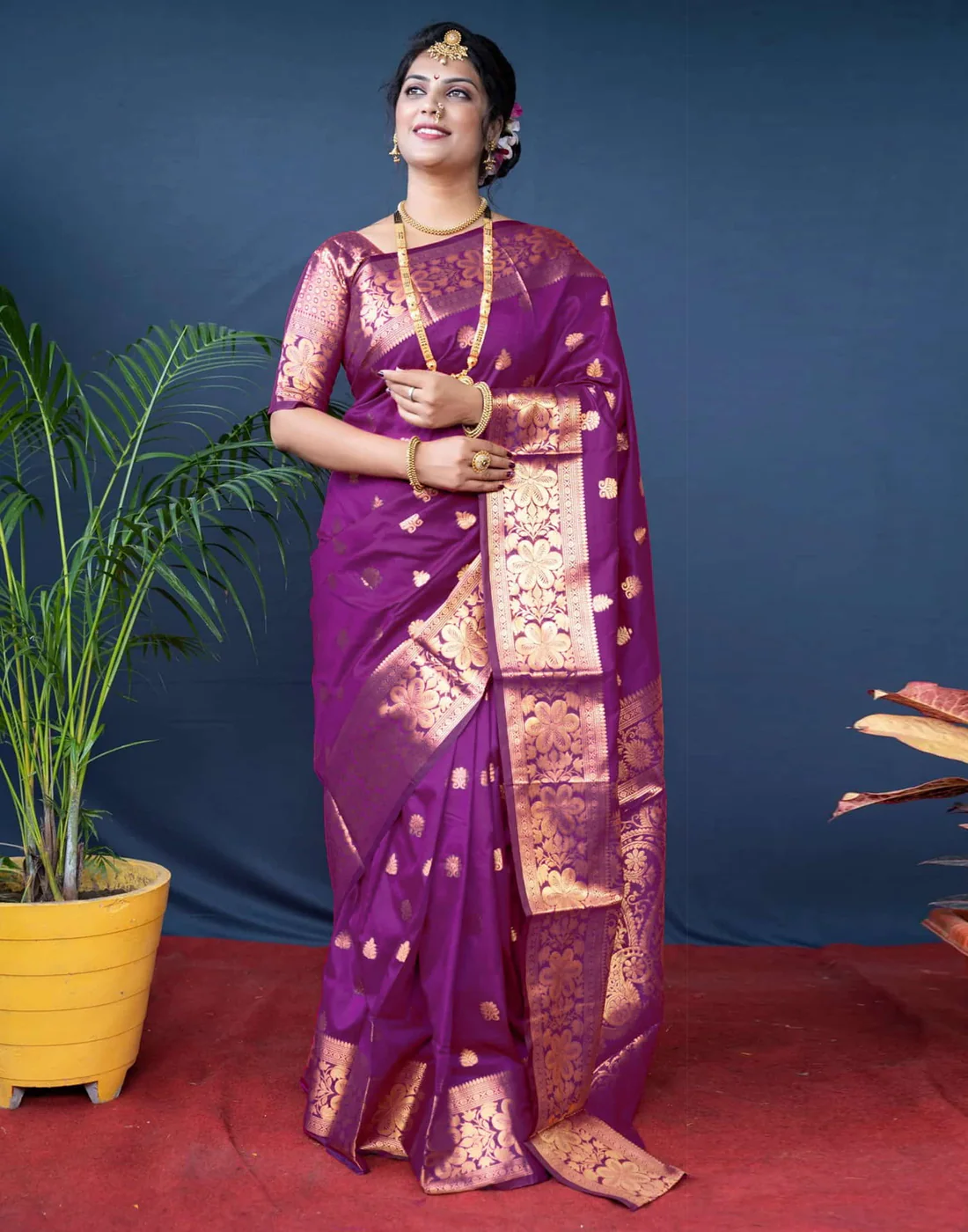 Magenta Wine Jacquard Silk Saree for Women with Golden Zari Weaving | Premium Wedding, Festive & Traditional Wear Saree with Unstitched Blouse Piece