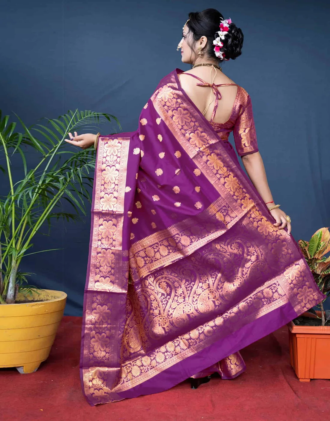 Magenta Wine Jacquard Silk Saree for Women with Golden Zari Weaving | Premium Wedding, Festive & Traditional Wear Saree with Unstitched Blouse Piece