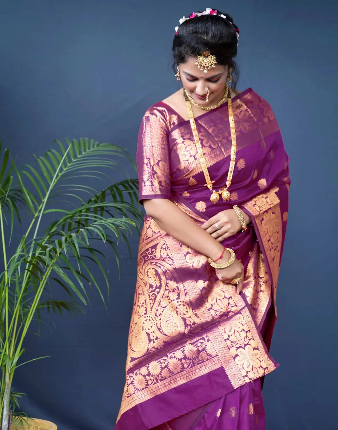 Magenta Wine Jacquard Silk Saree for Women with Golden Zari Weaving | Premium Wedding, Festive & Traditional Wear Saree with Unstitched Blouse Piece