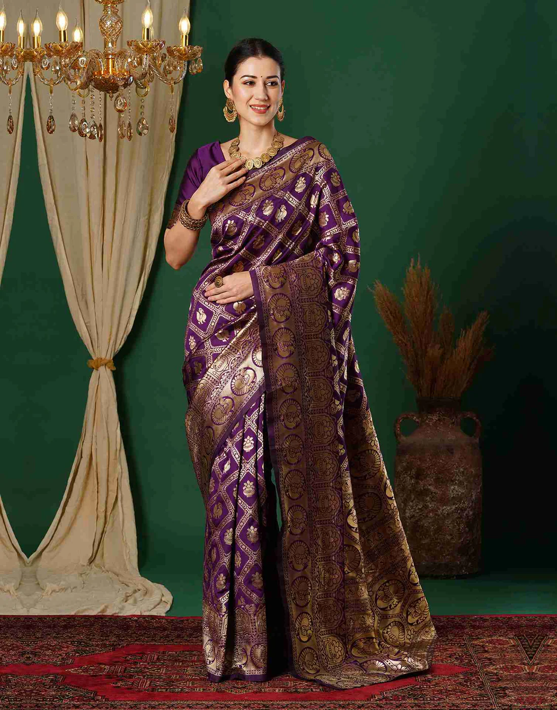 Wine Jacquard Saree for Women with Golden Zari Weaving | Premium Wedding, Festive & Traditional Wear Saree with Unstitched Blouse Piece