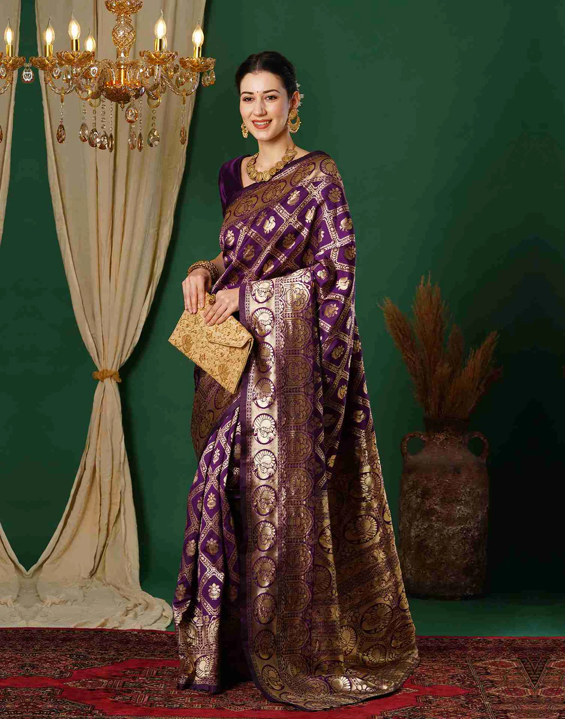 Wine Jacquard Saree for Women with Golden Zari Weaving | Premium Wedding, Festive & Traditional Wear Saree with Unstitched Blouse Piece