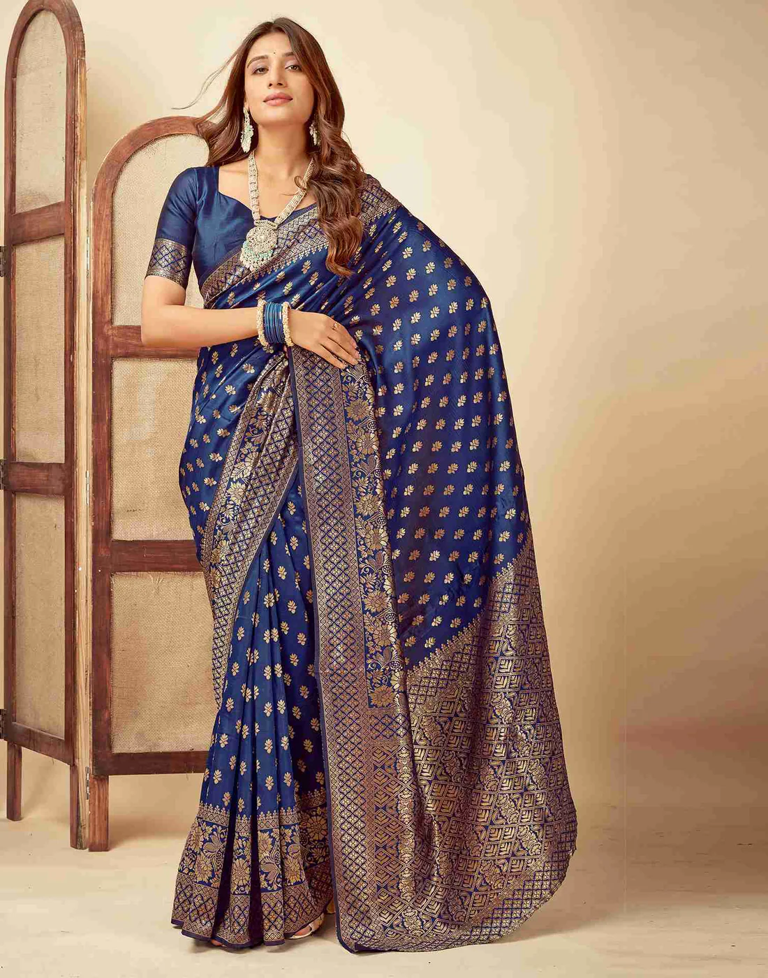 Navy Blue Jacquard Saree for Women with Golden Zari Butti Weaving | Premium Wedding, Festive & Traditional Wear Saree with Unstitched Blouse Piece