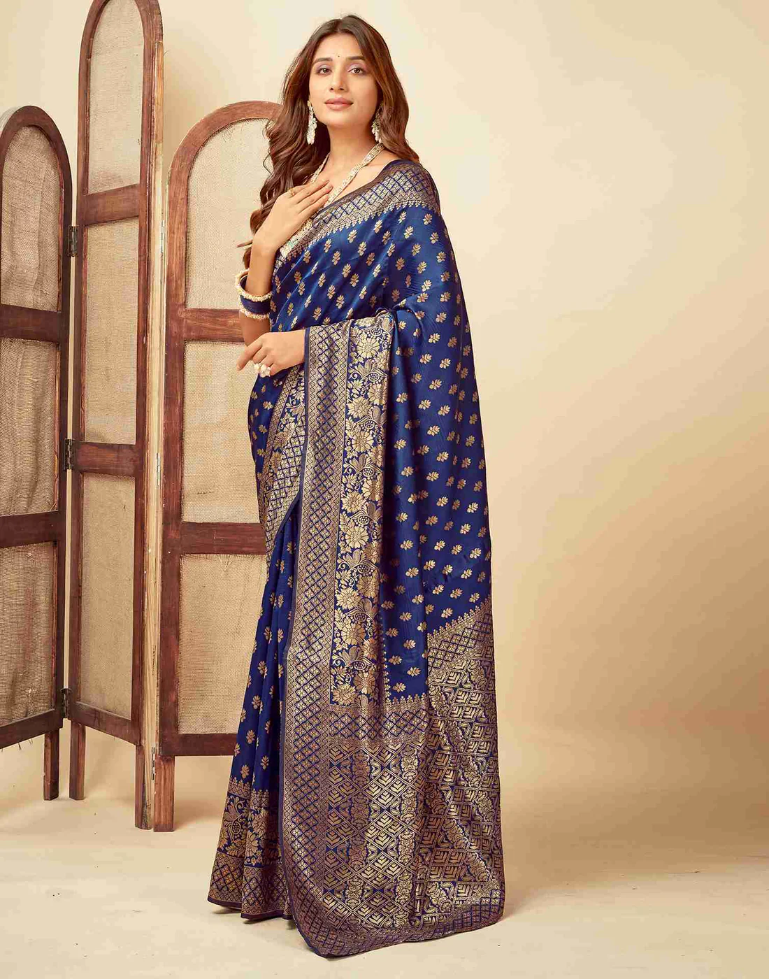 Navy Blue Jacquard Saree for Women with Golden Zari Butti Weaving | Premium Wedding, Festive & Traditional Wear Saree with Unstitched Blouse Piece