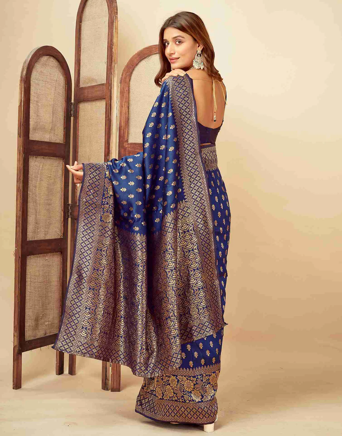 Navy Blue Jacquard Saree for Women with Golden Zari Butti Weaving | Premium Wedding, Festive & Traditional Wear Saree with Unstitched Blouse Piece
