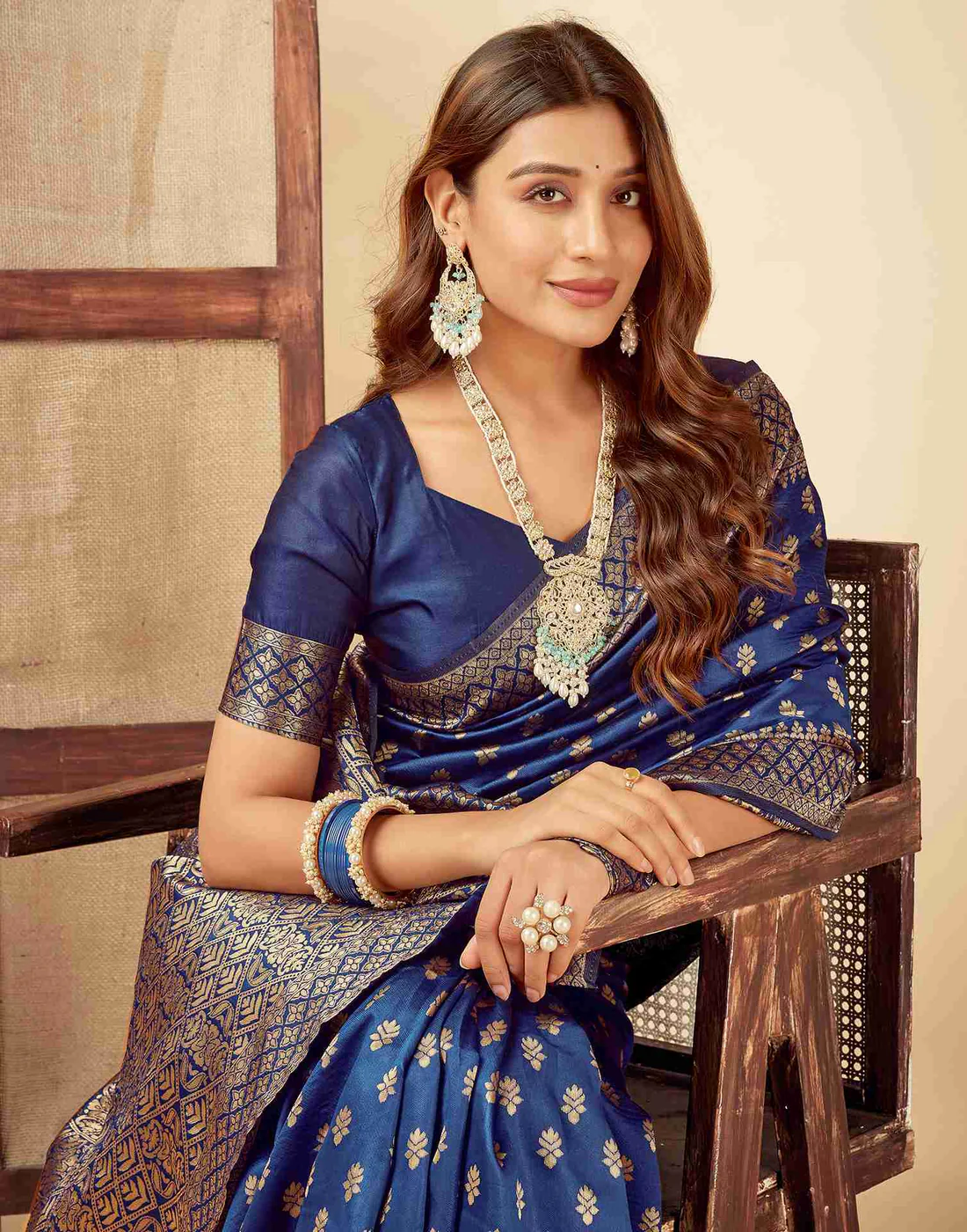 Navy Blue Jacquard Saree for Women with Golden Zari Butti Weaving | Premium Wedding, Festive & Traditional Wear Saree with Unstitched Blouse Piece