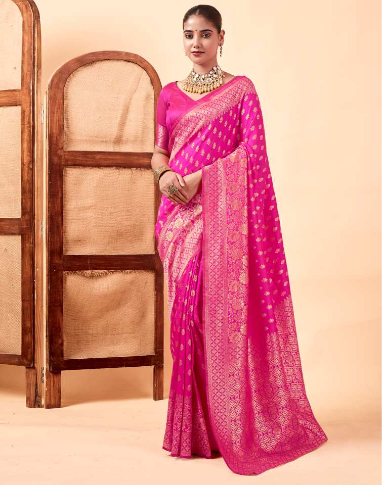 Rani Pink Jacquard Saree for Women with Golden Zari Butti Weaving | Premium Wedding, Festive & Traditional Wear Saree with Unstitched Blouse Piece