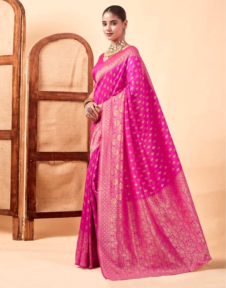 Rani Pink Jacquard Saree for Women with Golden Zari Butti Weaving | Premium Wedding, Festive & Traditional Wear Saree with Unstitched Blouse Piece