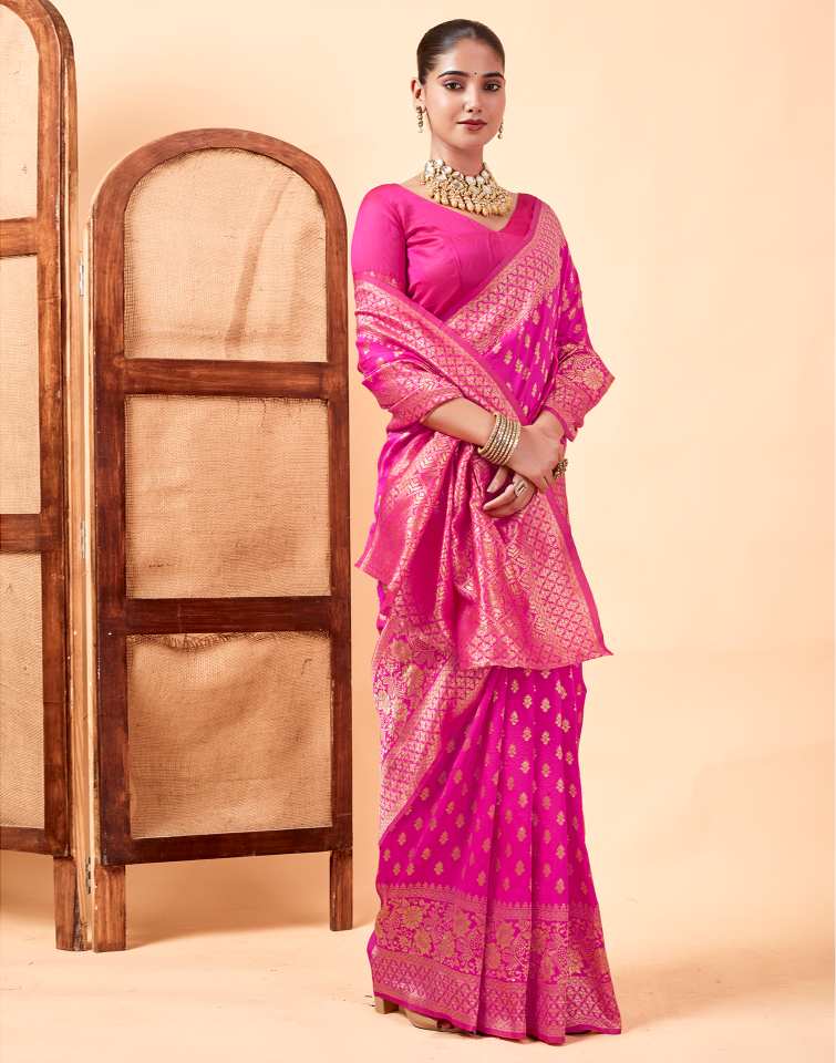 Rani Pink Jacquard Saree for Women with Golden Zari Butti Weaving | Premium Wedding, Festive & Traditional Wear Saree with Unstitched Blouse Piece