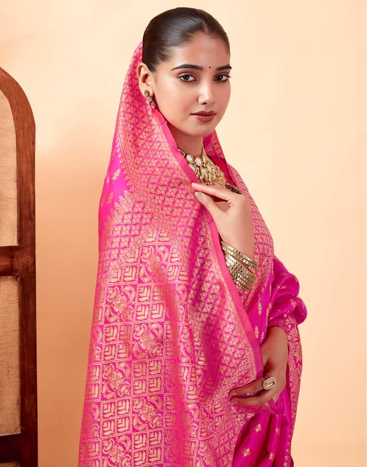 Rani Pink Jacquard Saree for Women with Golden Zari Butti Weaving | Premium Wedding, Festive & Traditional Wear Saree with Unstitched Blouse Piece